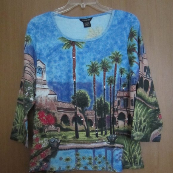 RAAKHEE Women's Multicolor Graphic 3/4 Sleeve Top Size PXL Sequins, Beads - Picture 2 of 11